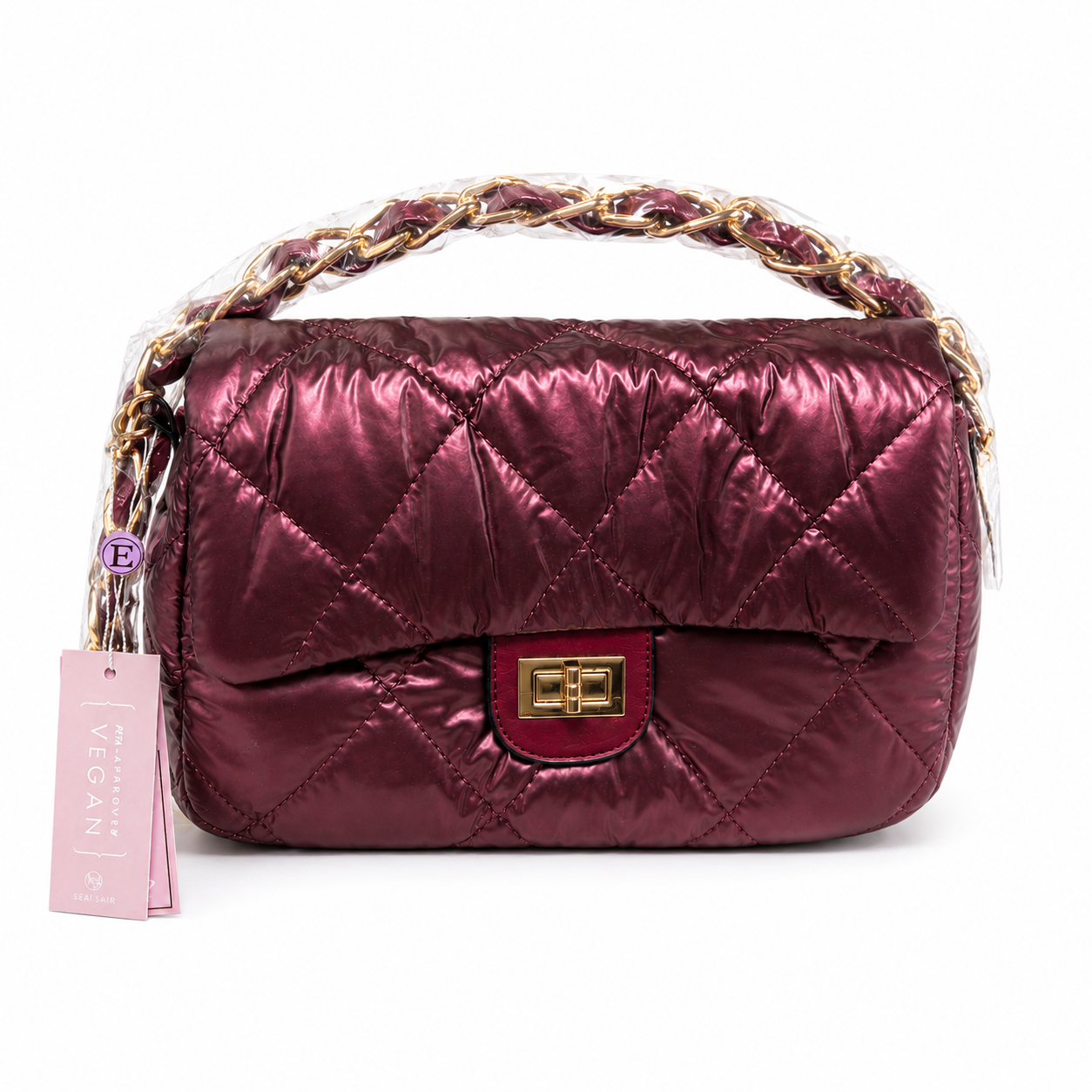 Metallic Burgundy Quilted Vegan Shoulder Bag with Gold Chain & Crossbody Strap