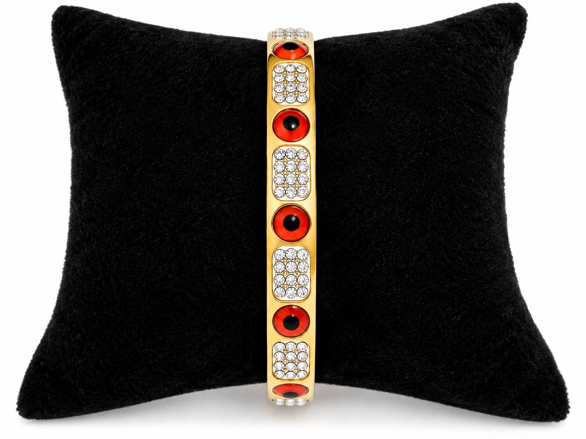 Red Evil Eye Bracelet Gold Tone Clear Rhinestone Statement Jewelry 🧿✨