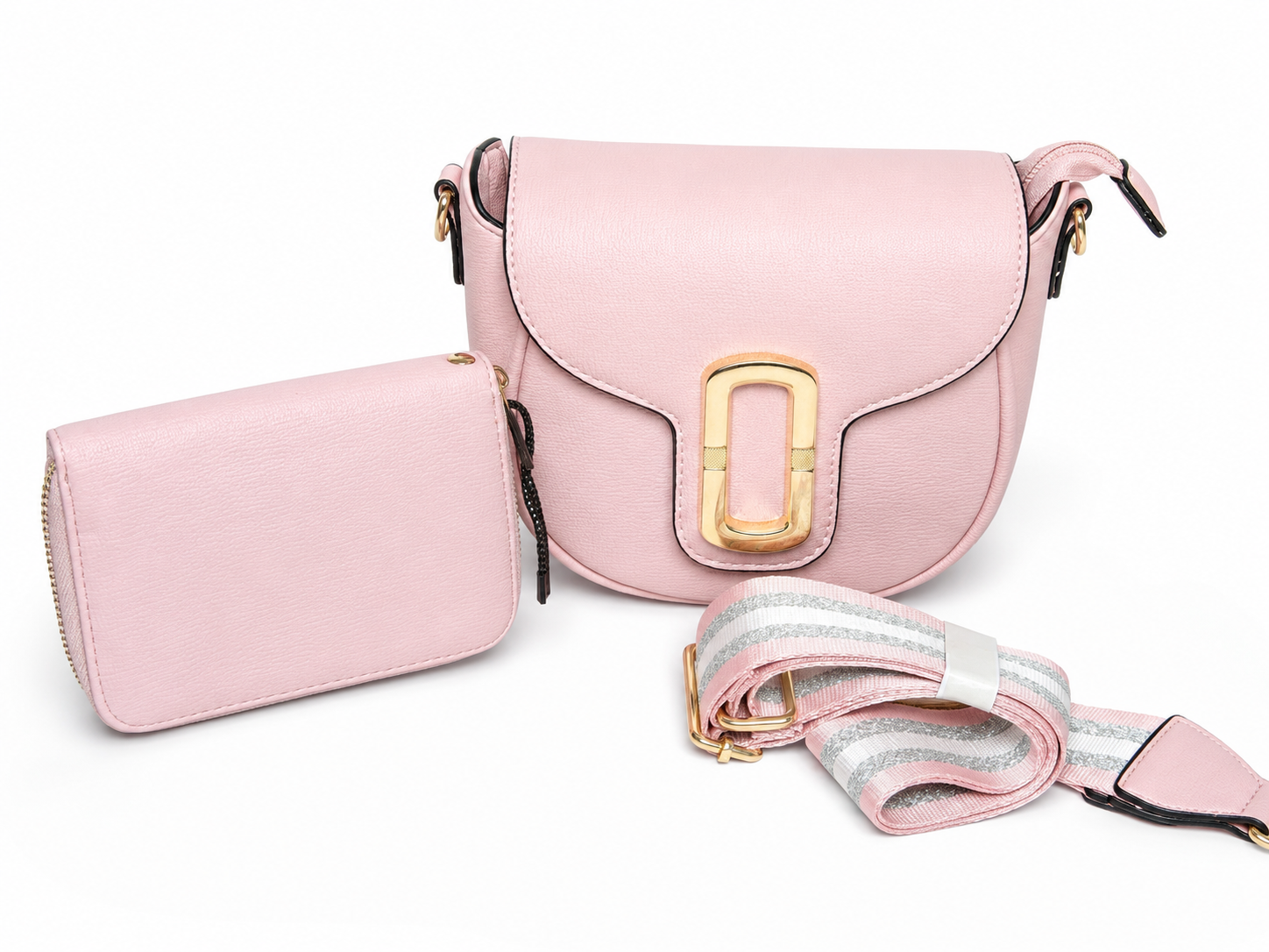 Blush Pink Crossbody Purse Set with Matching Zip Wallet & Adjustable Guitar Strap