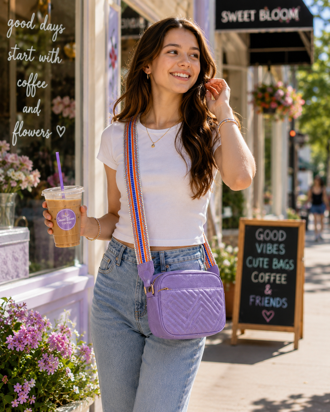 Purple Quilted Crossbody Bag with Colorful Adjustable Guitar Strap | Lightweight Everyday Purse
