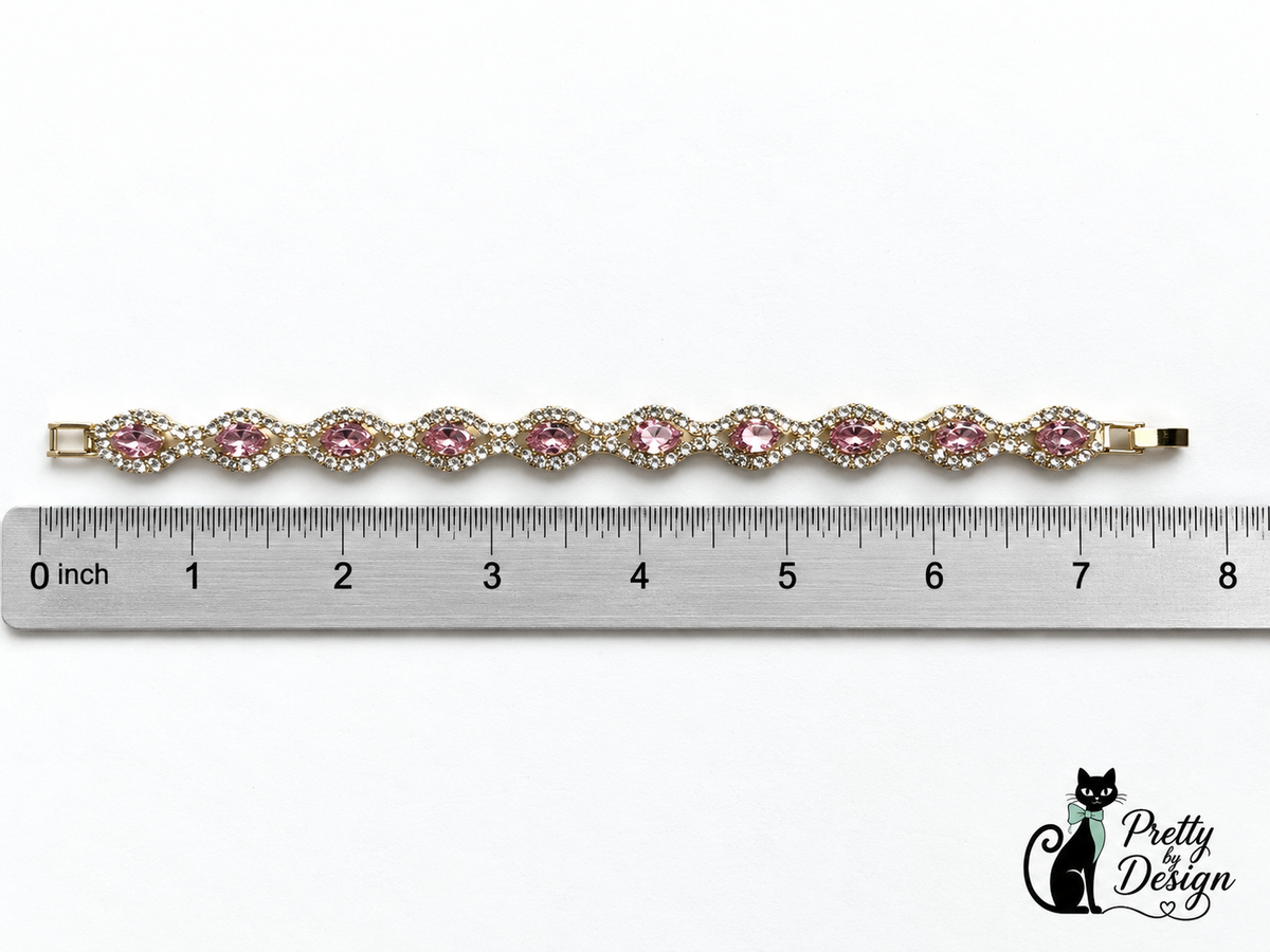 Stainless Steel Pink Oval Crystal Bracelet Gold Tone Rhinestone Halo 7”