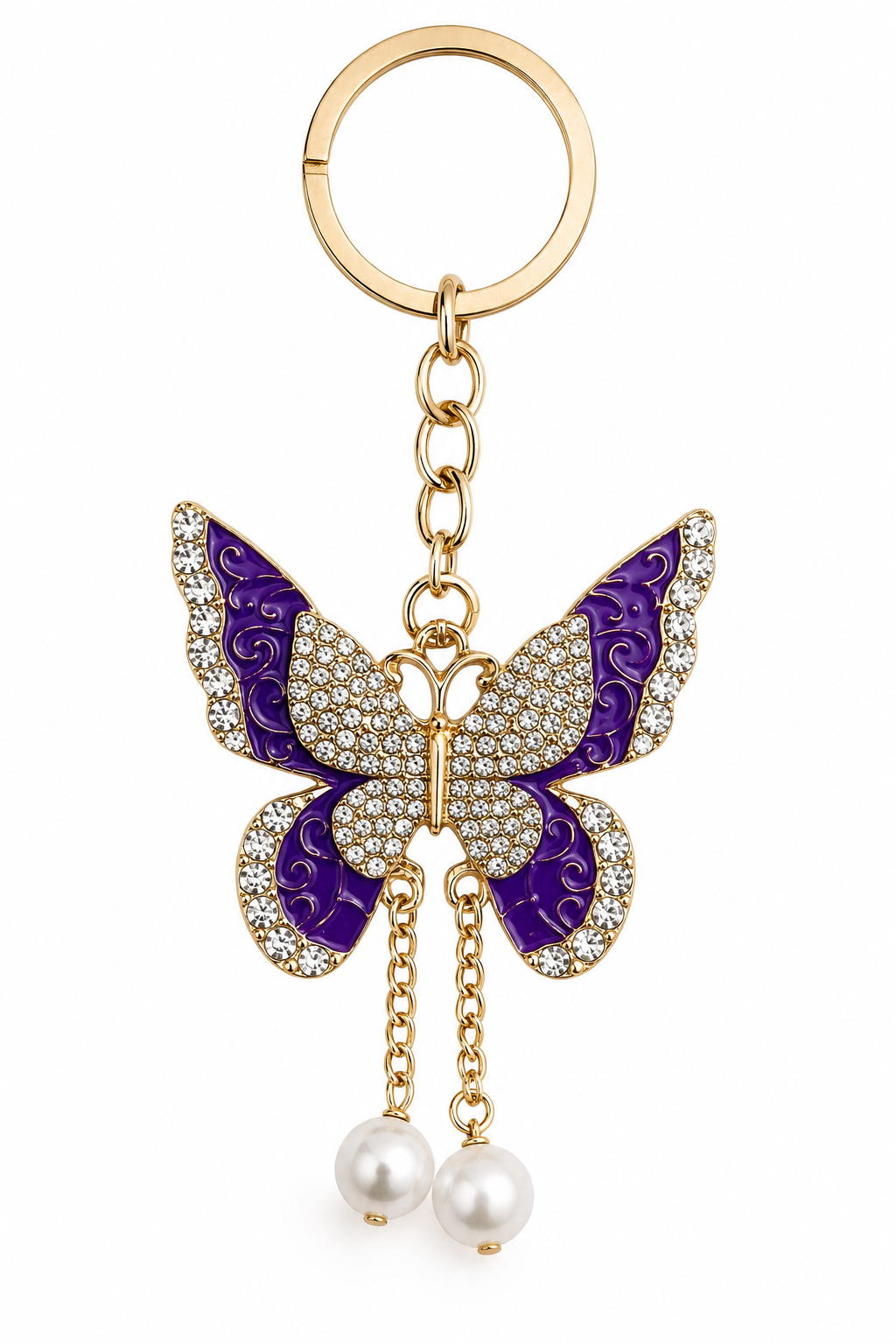 ✨ Gold-Tone Rhinestone Butterfly Keychain with Faux Pearl Dangles – 6 Colors