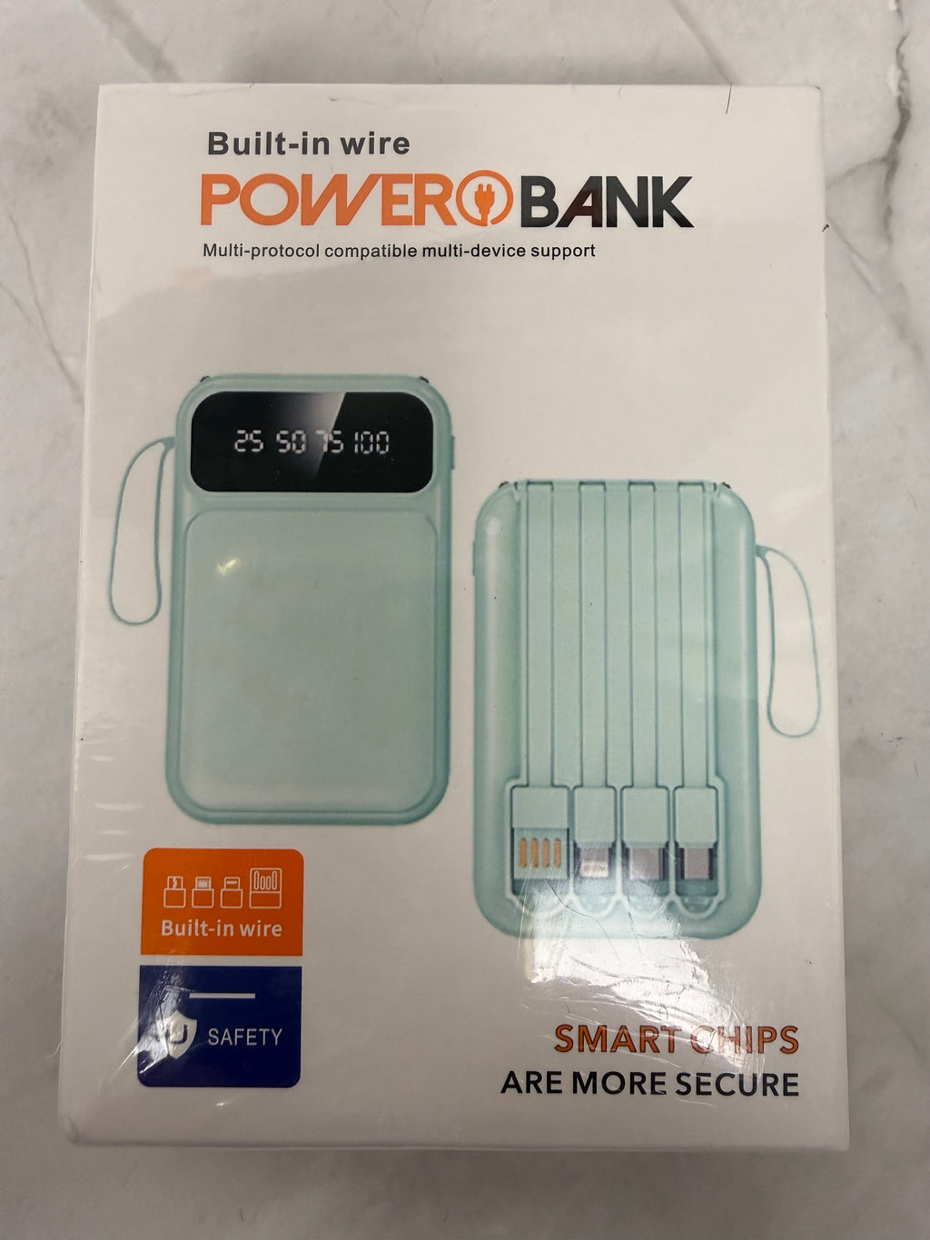 Built-In Wire Portable Power Bank with Integrated Charging Cables | White | New Sealed