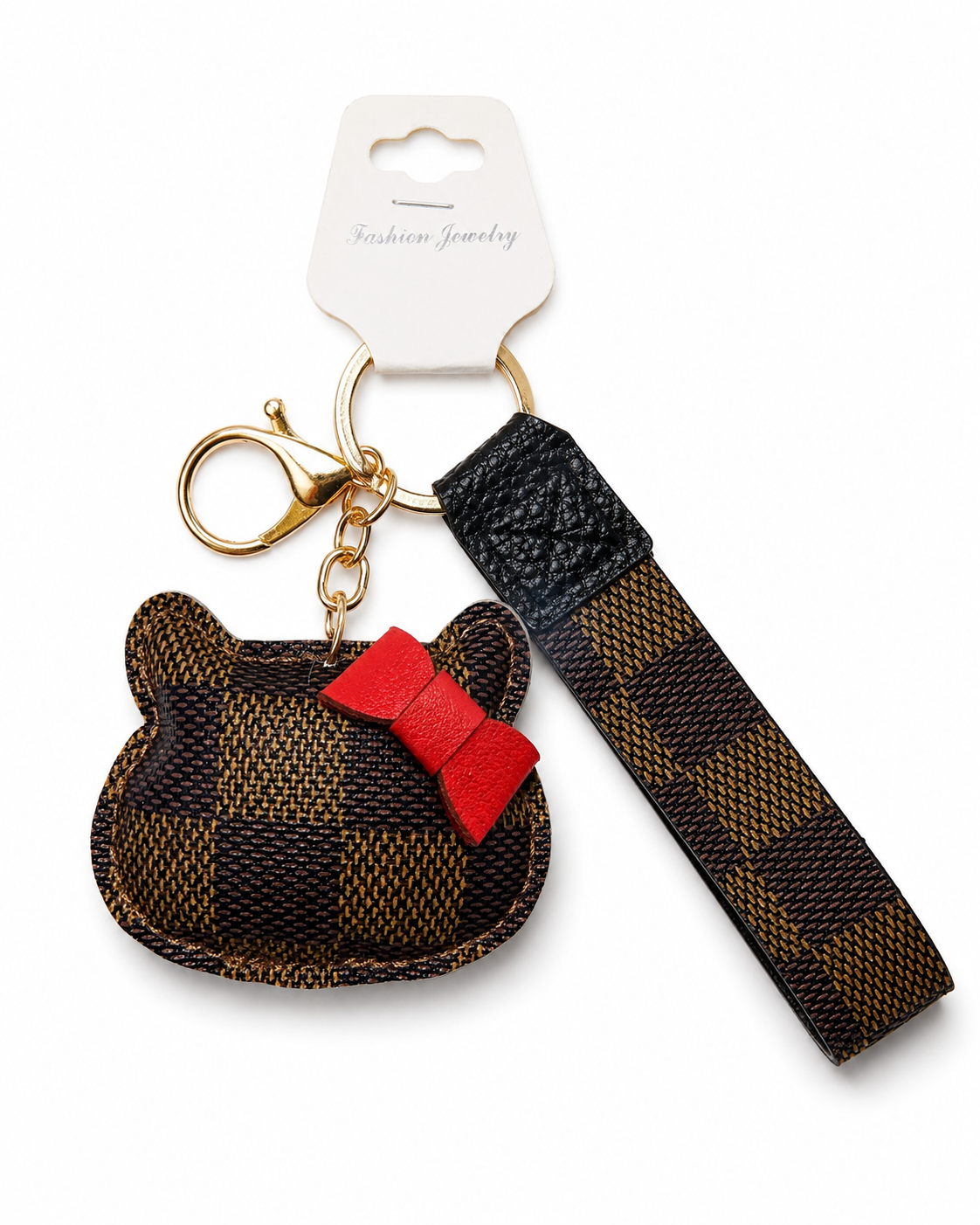 NWT Cute Cat Faux Leather Wristlet Keychain – White or Brown Checker Pattern with Red Bow