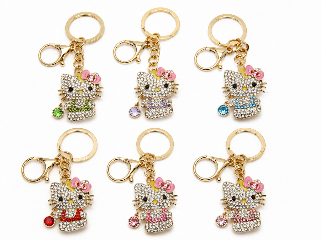 Sparkling Rhinestone Kitty Keychain & Purse Charm – Gold-Tone Jeweled Cat Bag Charm with Crystal Dangle – 6 Colors