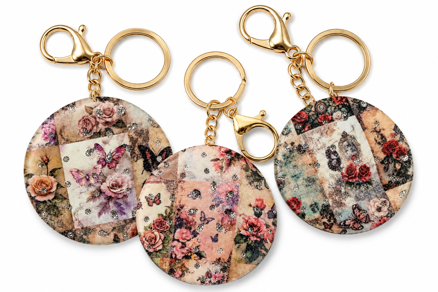 NWT Floral Butterfly Rhinestone 2-Sided Compact Mirror Keychain – Choose Design