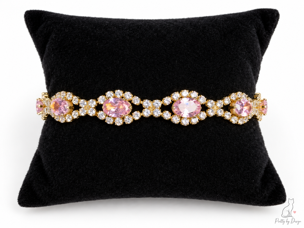 Stainless Steel Pink Oval Crystal Bracelet Gold Tone Rhinestone Halo 7”