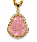 Pink Carved Laughing Buddha Pendant Necklace Gold Tone Rhinestone 17”