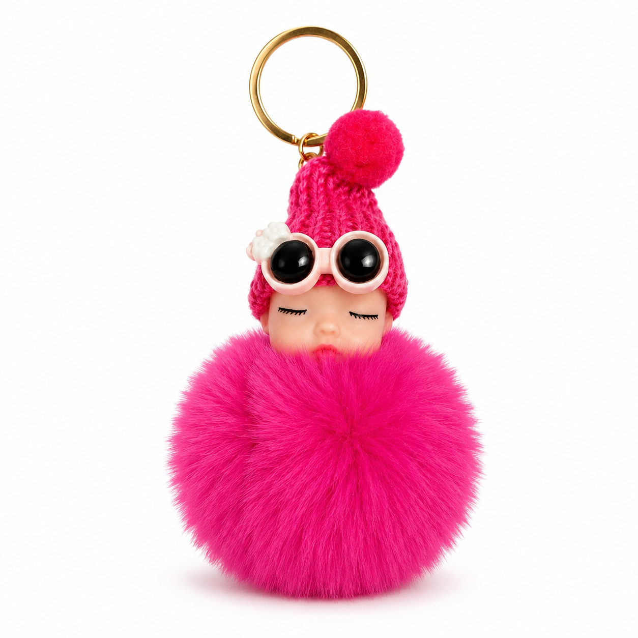 Sleeping Baby Faux Fur Pom Pom Keychain | Cute Plush Bag Charm | 9 Color Options