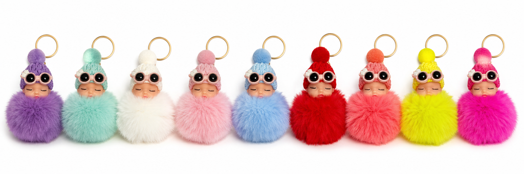Sleeping Baby Faux Fur Pom Pom Keychain | Cute Plush Bag Charm | 9 Color Options
