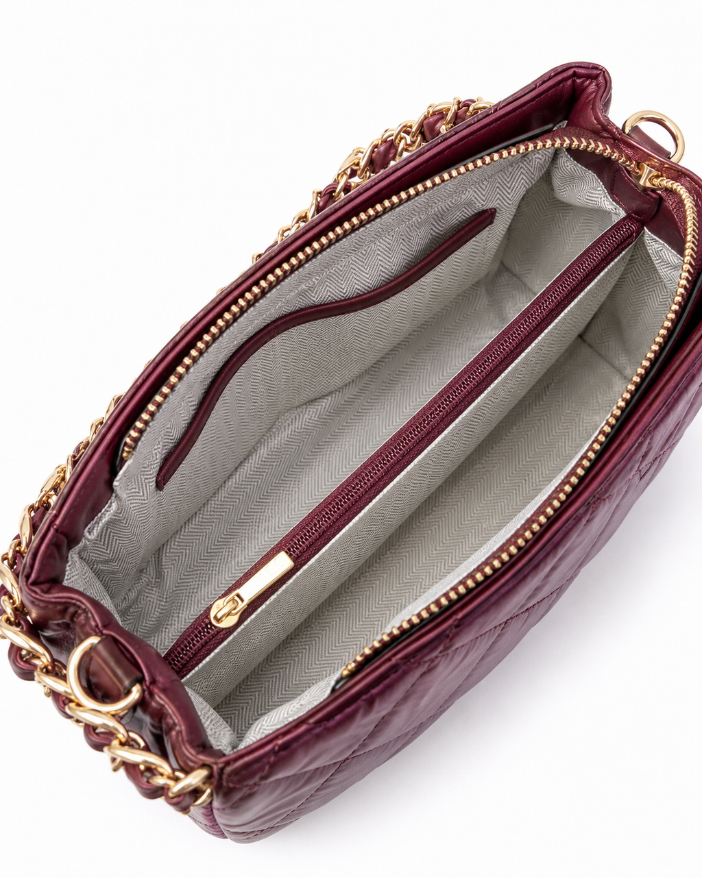 Metallic Burgundy Quilted Vegan Shoulder Bag with Gold Chain & Crossbody Strap