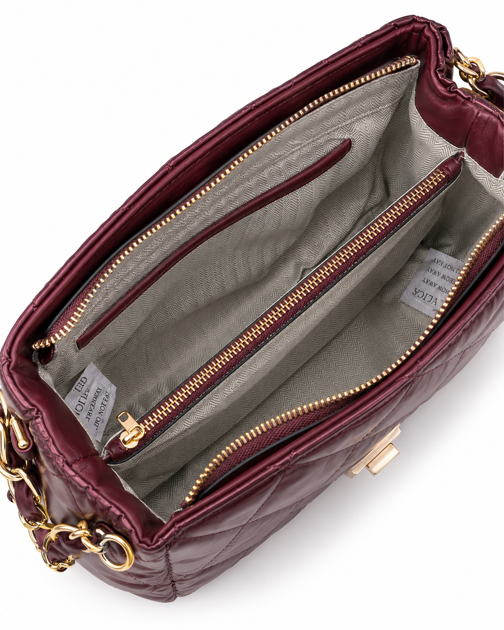 Metallic Burgundy Quilted Vegan Shoulder Bag with Gold Chain & Crossbody Strap