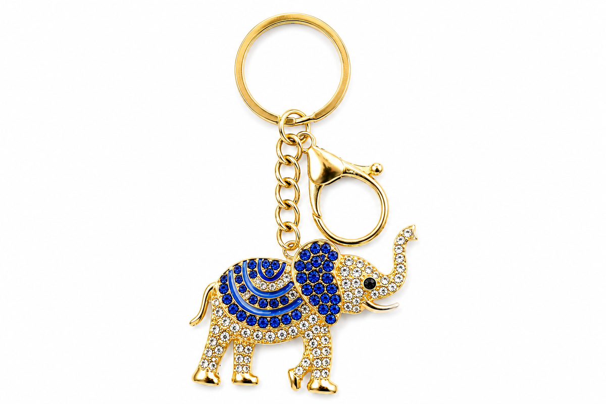 Gold-Tone Rhinestone Elephant Keychain & Purse Charm – Trunk Up