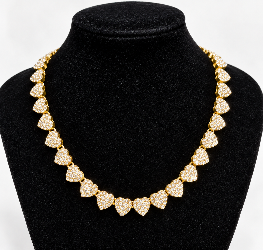 Gold-Tone Stainless Steel Rhinestone Heart Necklace & Bracelet Set – Sparkling Romantic Statement Jewelry