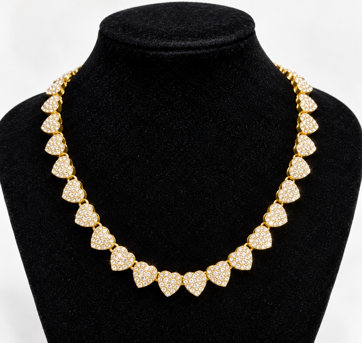 Gold-Tone Stainless Steel Rhinestone Heart Necklace & Bracelet Set – Sparkling Romantic Statement Jewelry