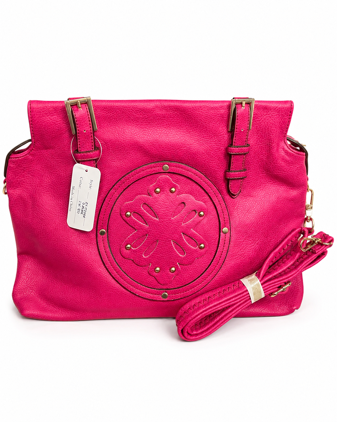 Bright Hot Pink Large Tote Bag with Decorative Medallion & Crossbody Strap