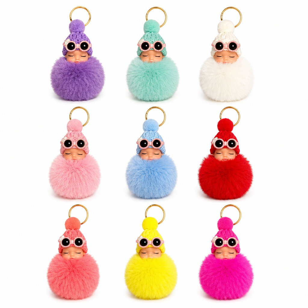 Sleeping Baby Faux Fur Pom Pom Keychain | Cute Plush Bag Charm | 9 Color Options