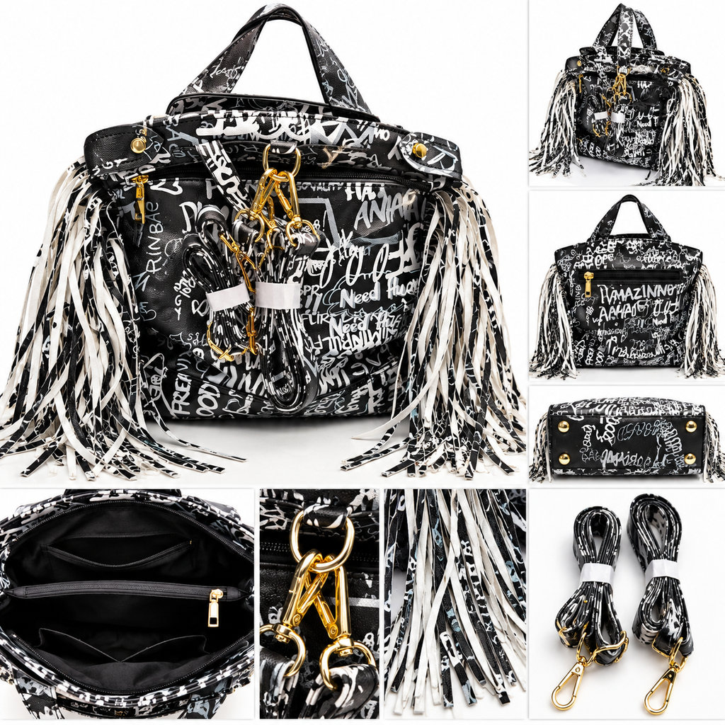 GRAFFITTI COLORED BLACK AND WHITE BACKPACK CROSSBODY BAG PURSE