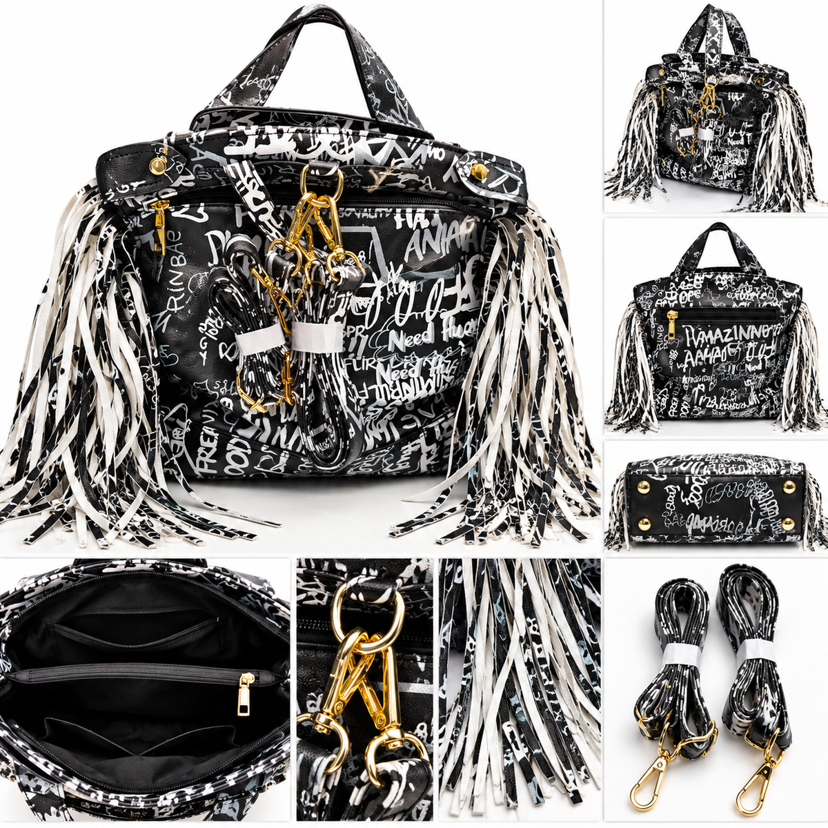 GRAFFITTI COLORED BLACK AND WHITE BACKPACK CROSSBODY BAG PURSE
