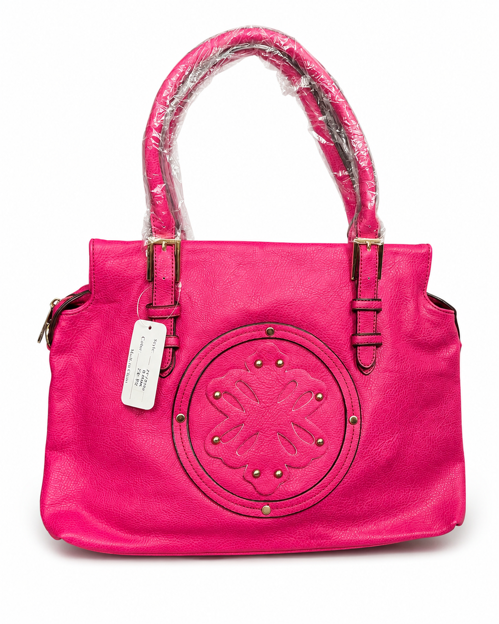 Bright Hot Pink Large Tote Bag with Decorative Medallion & Crossbody Strap
