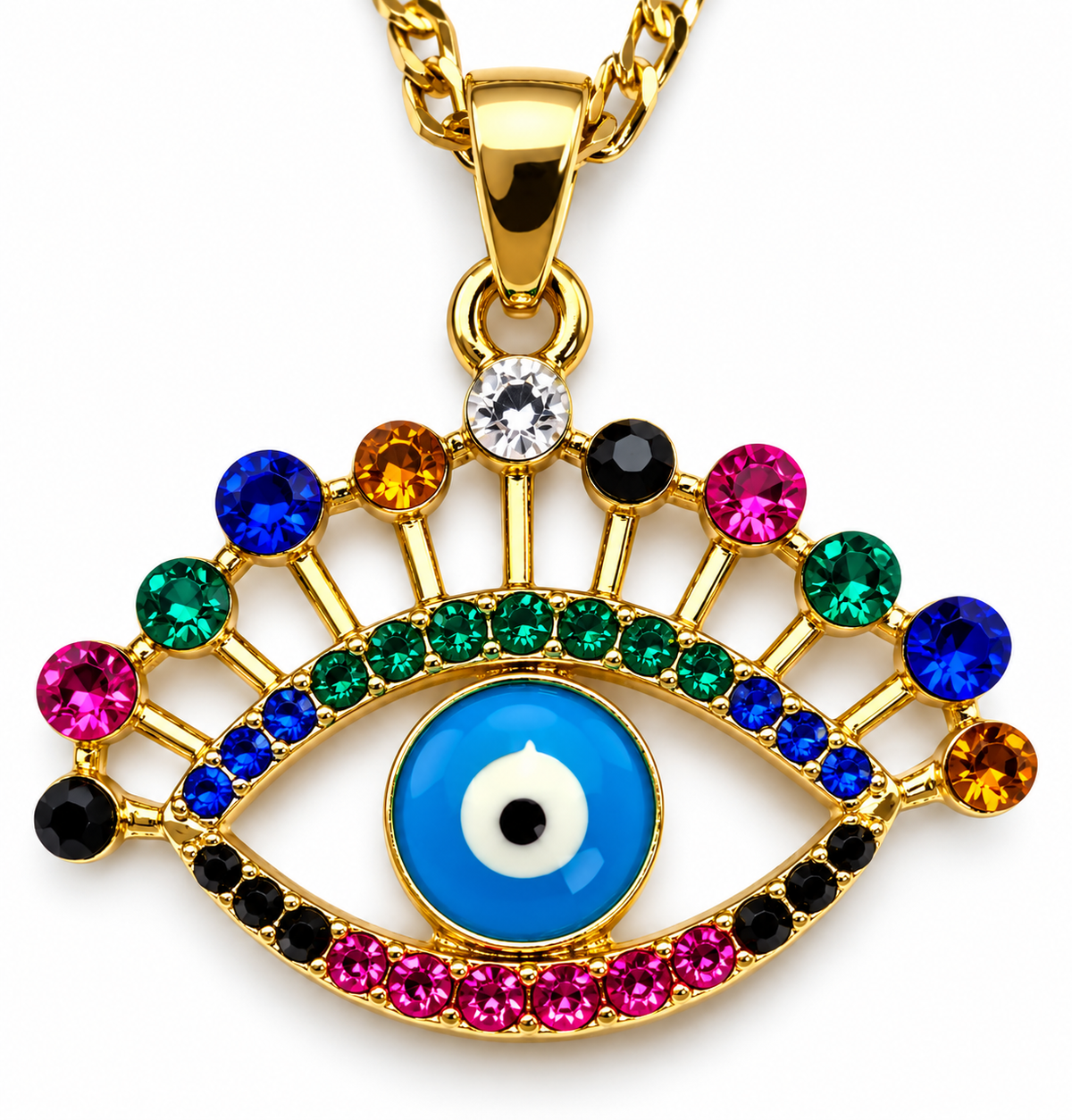 Multicolor Evil Eye Pendant Necklace Gold Tone Rhinestone 19” Protection Jewelry