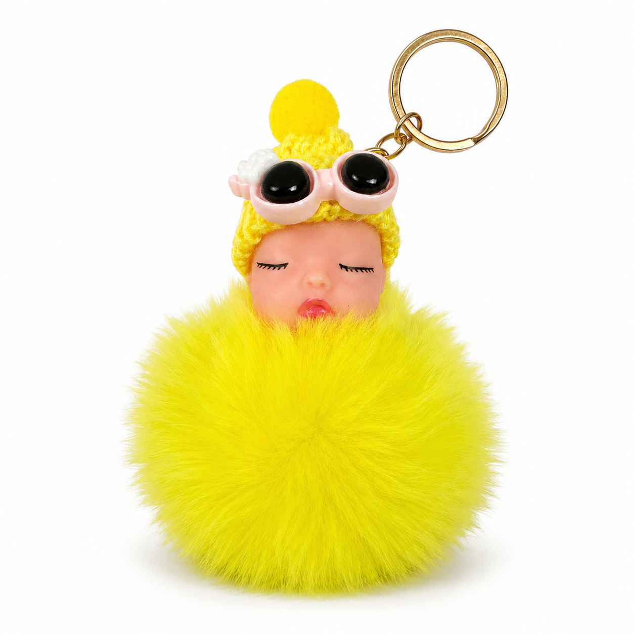 Sleeping Baby Faux Fur Pom Pom Keychain | Cute Plush Bag Charm | 9 Color Options