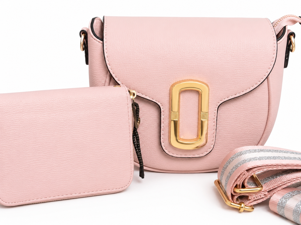 Blush Pink Crossbody Purse Set with Matching Zip Wallet & Adjustable Guitar Strap