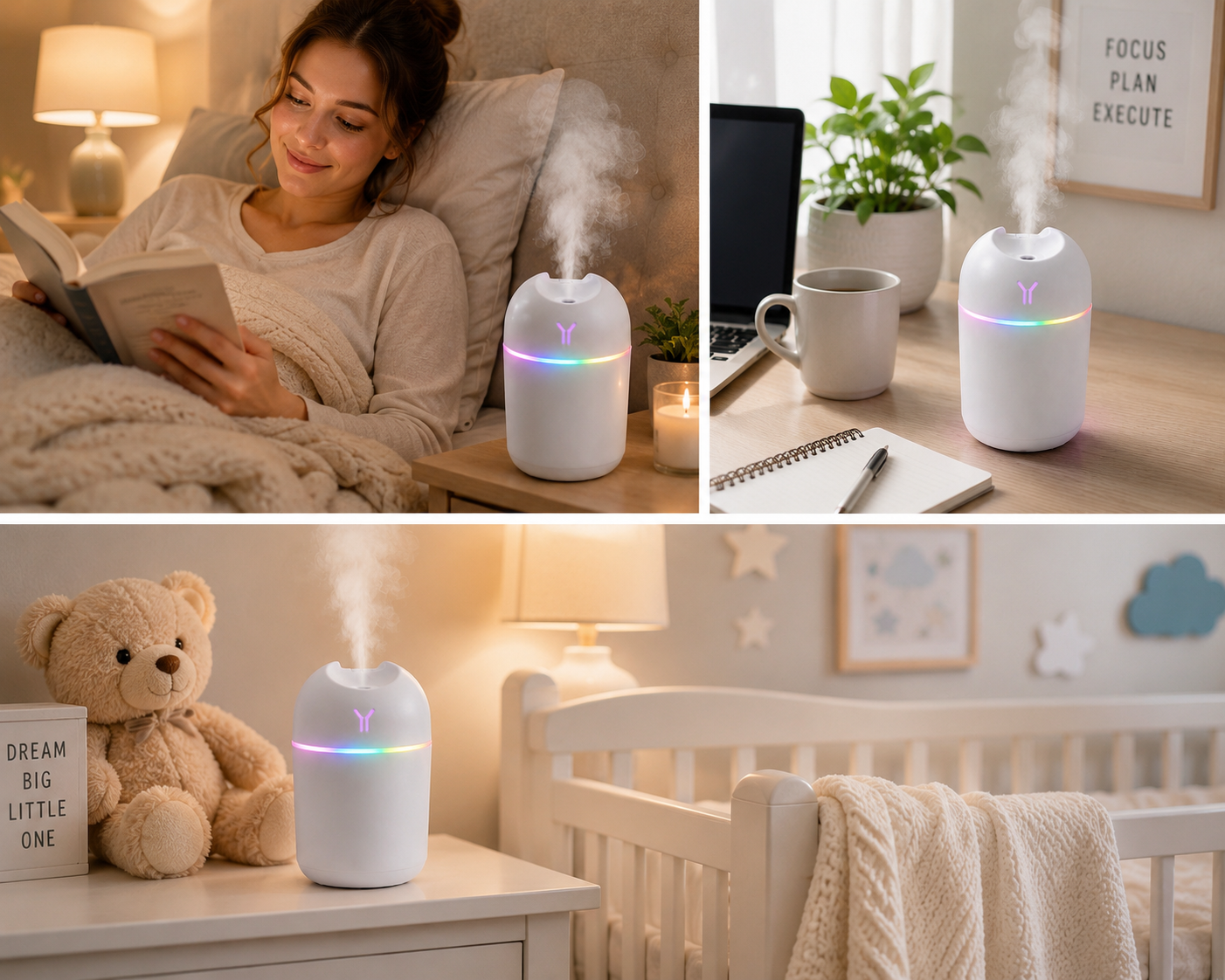 USB Colorful Cool Mist Humidifier 220mL | Quiet Portable Desktop Humidifier with 7-Color LED Night Light | USB Powered