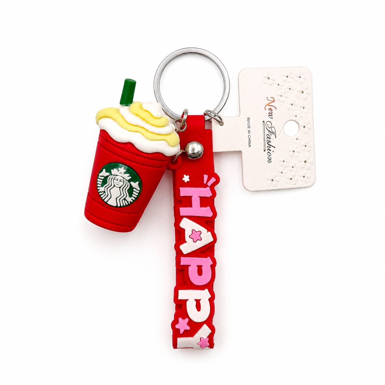 Starbucks Holiday Frappuccino Cup Keychain with “Happy” Wrist Strap | Red Coffee Cup Charm | New