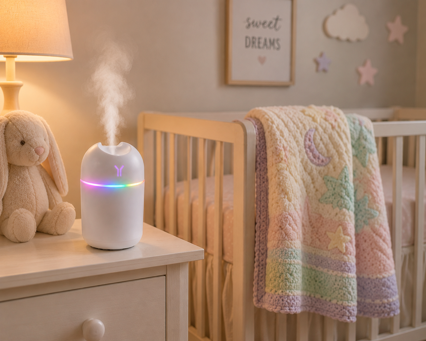 USB Colorful Cool Mist Humidifier 220mL | Quiet Portable Desktop Humidifier with 7-Color LED Night Light | USB Powered