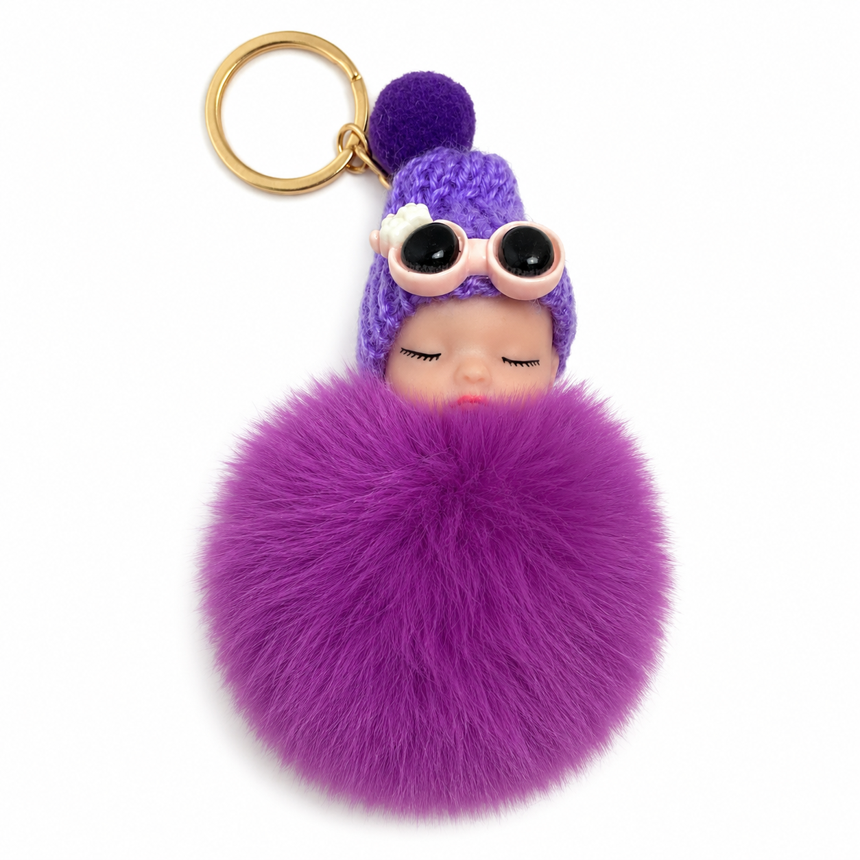 Sleeping Baby Faux Fur Pom Pom Keychain | Cute Plush Bag Charm | 9 Color Options