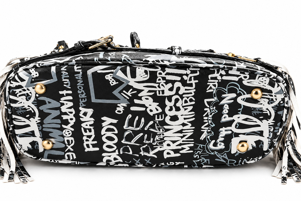 GRAFFITTI COLORED BLACK AND WHITE BACKPACK CROSSBODY BAG PURSE