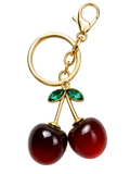 Red Cherry Keychain 🍒 Gold Tone Jeweled Green Leaf Purse Charm Bag Accessory