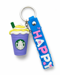 Starbucks Purple Frappuccino Cup Keychain with Blue “Happy” Wrist Strap | Coffee Cup Charm | New