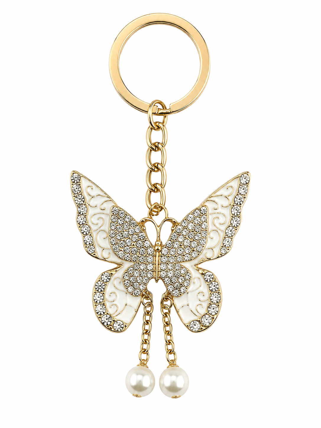 ✨ Gold-Tone Rhinestone Butterfly Keychain with Faux Pearl Dangles – 6 Colors