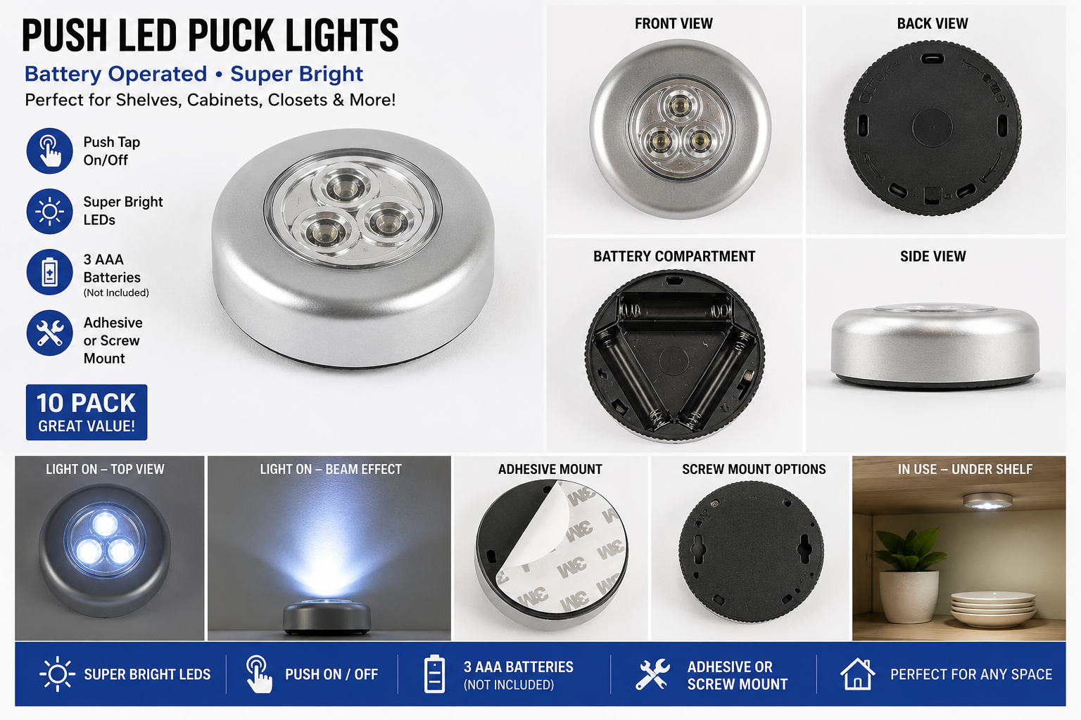 LED Puck Lights – Battery Operated Stick-On Cabinet & Closet Lights | Push On/Off | 5, 10 & 20 Pack