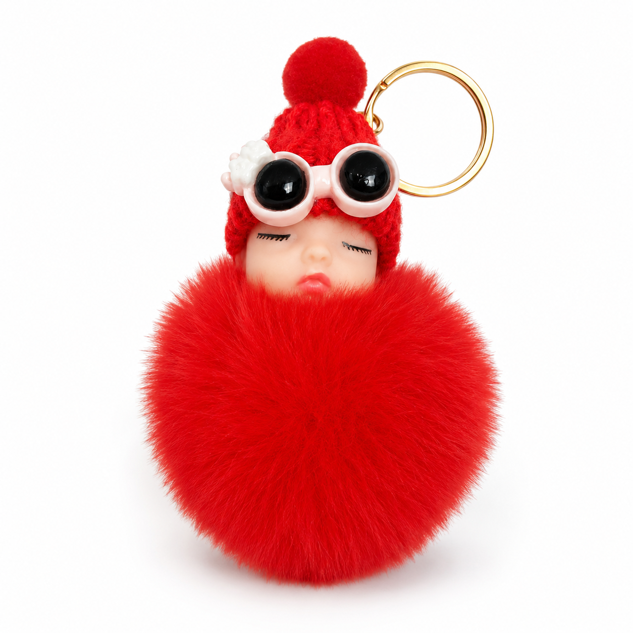 Sleeping Baby Faux Fur Pom Pom Keychain | Cute Plush Bag Charm | 9 Color Options