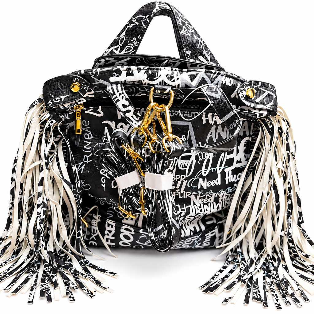 GRAFFITTI COLORED BLACK AND WHITE BACKPACK CROSSBODY BAG PURSE