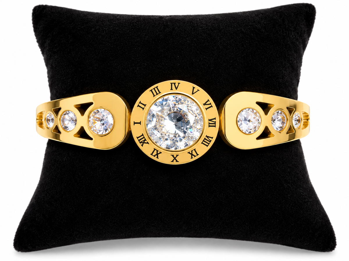Gold Tone Roman Numeral Crystal Hinged Cuff Bracelet Clear Rhinestone Statement Jewelry