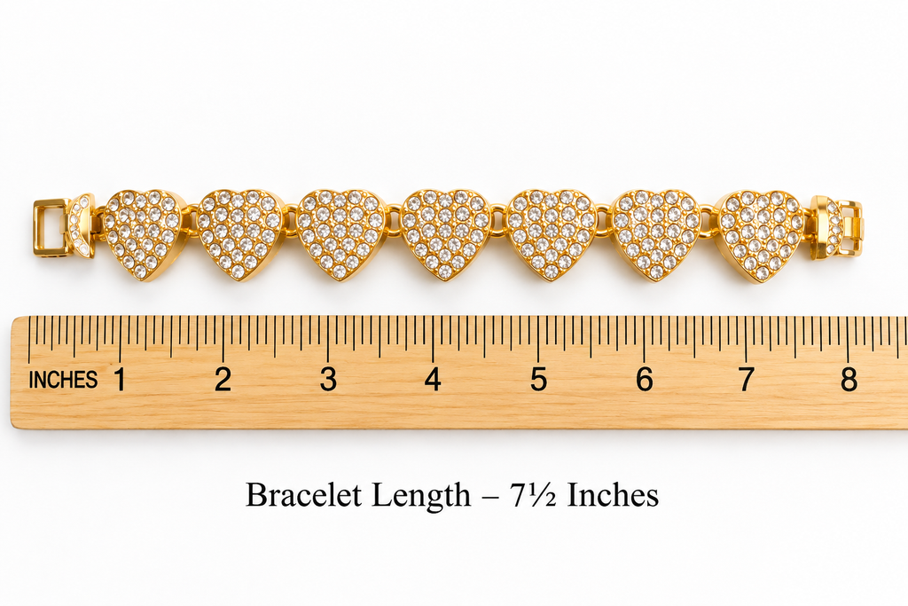 Gold-Tone Stainless Steel Rhinestone Heart Necklace & Bracelet Set – Sparkling Romantic Statement Jewelry