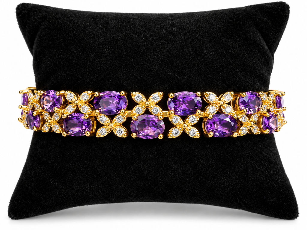 Stainless Steel Gold-Tone Purple Crystal Rhinestone Bracelet – 7”
