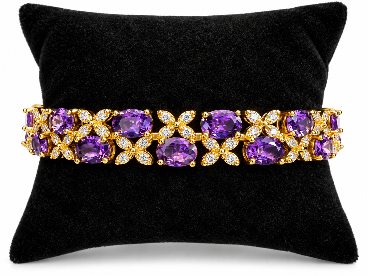 Stainless Steel Gold-Tone Purple Crystal Rhinestone Bracelet – 7”