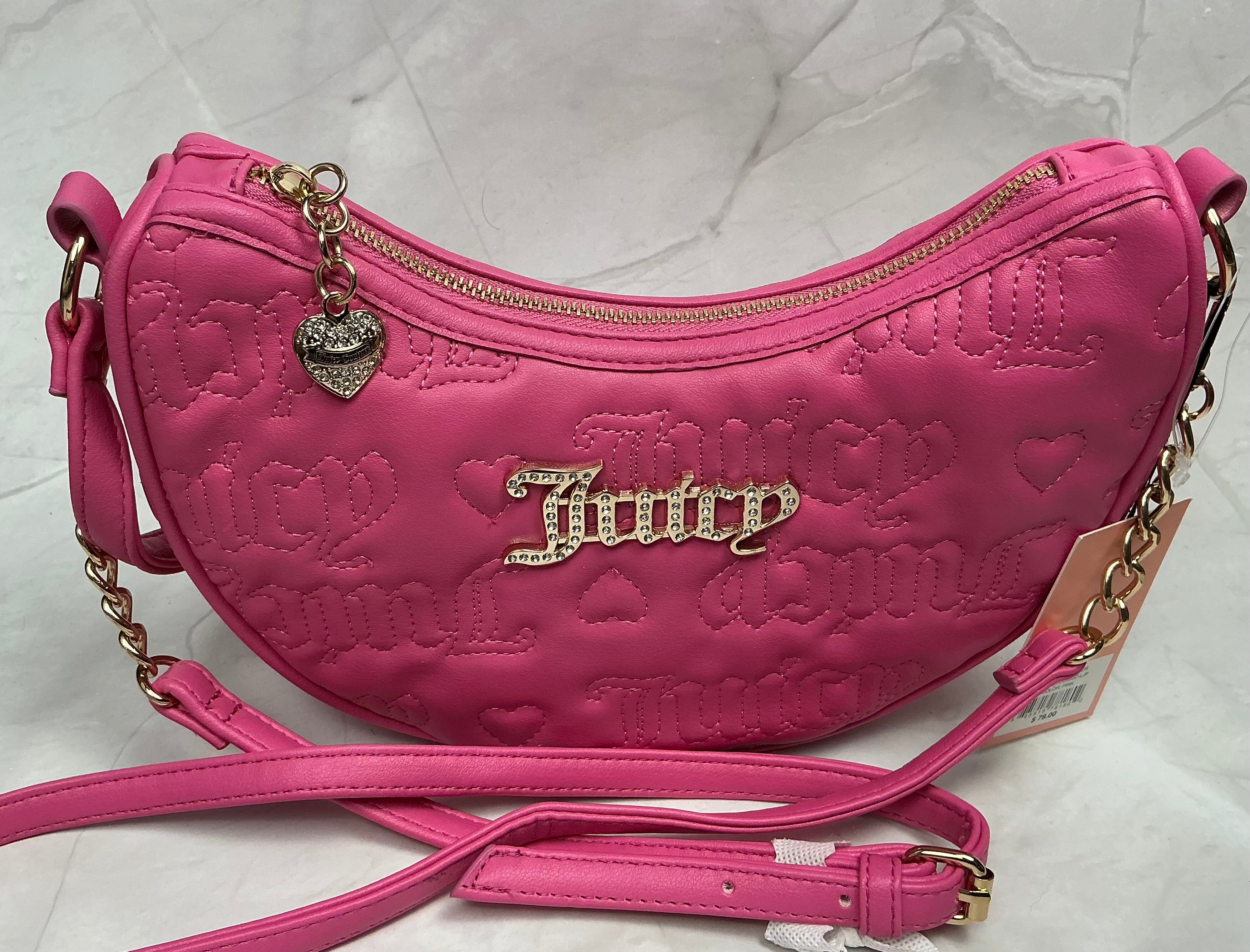 Juicy Couture Pink Rhinestone Logo Crossbody Shoulder Bag Heart Charm NWT