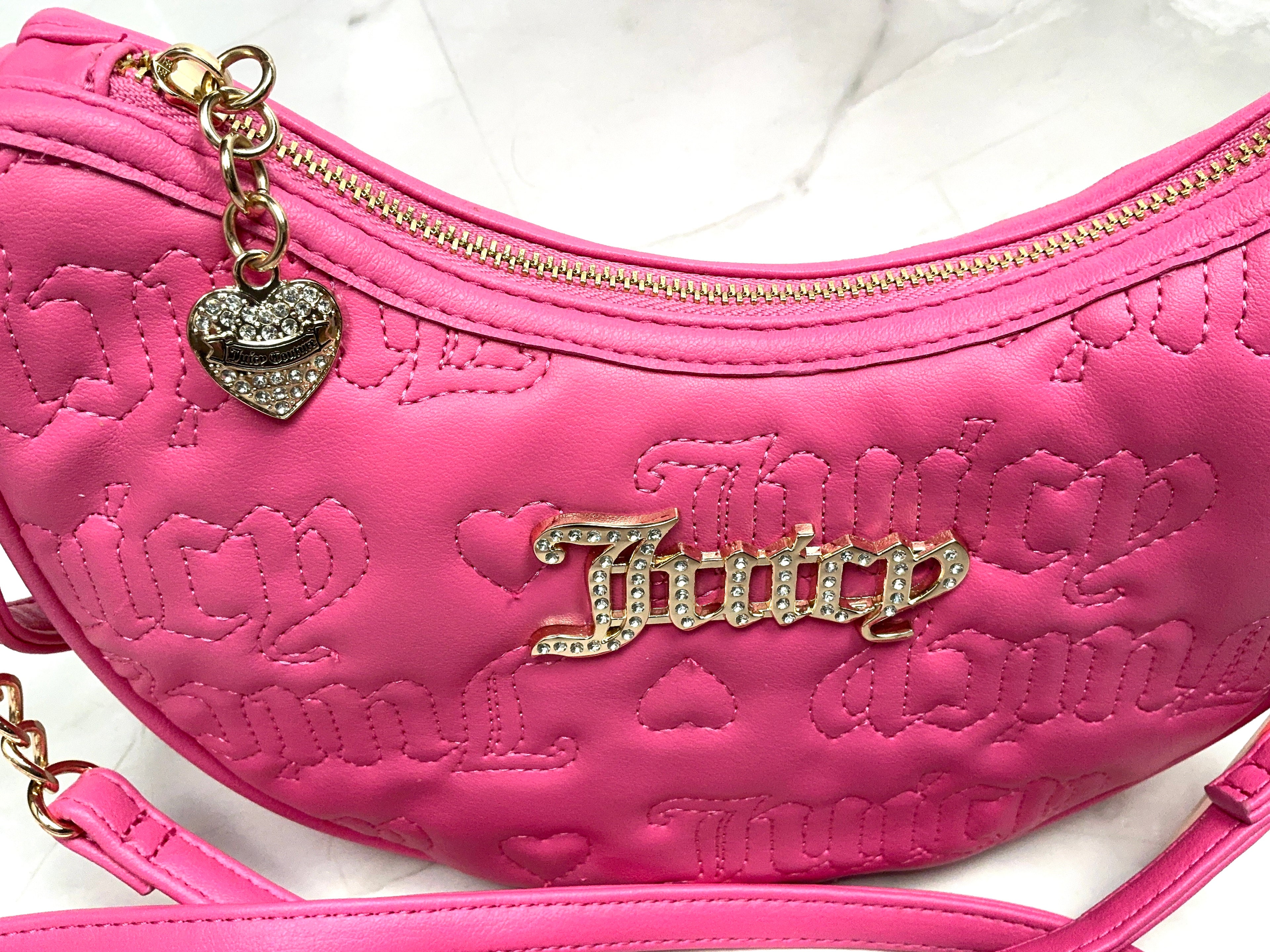 Juicy Couture Pink Rhinestone Logo Crossbody Shoulder Bag Heart Charm NWT