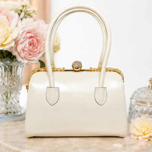 Ivory Structured Top Handle Satchel Bag with Rhinestone Clasp & Crossbody Strap