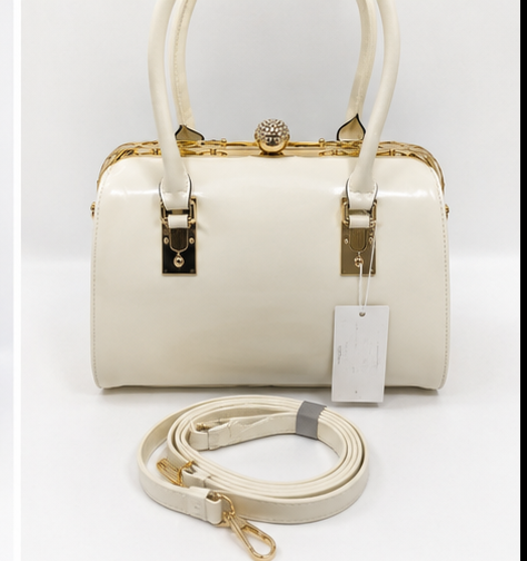 Ivory Structured Top Handle Satchel Bag with Rhinestone Clasp & Crossbody Strap